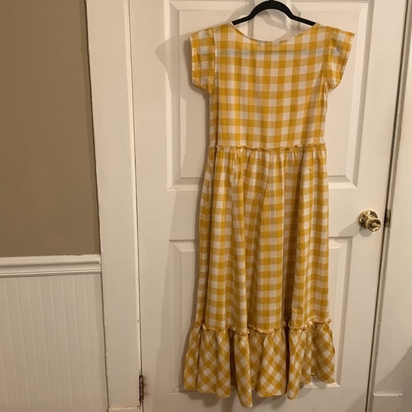 SRISHI Mustard and White Gingham Floral Short Sleeve Cottage Core Maxi Dress - Picture 2 of 16